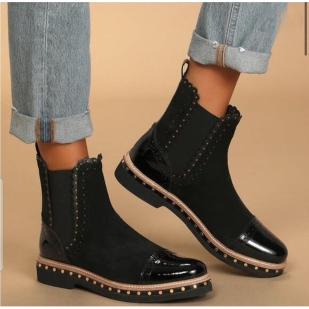 Free People Black Studded Patent Toe Chelsea Booties